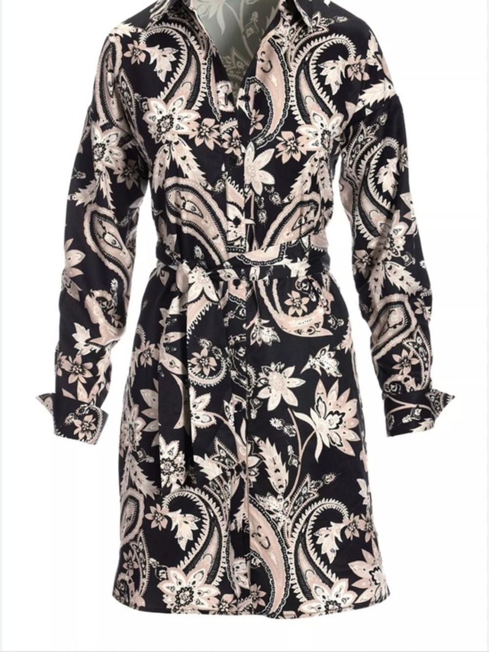 Boston Proper Black & Blush Paisley Shirt Dress with Waist Tie medium